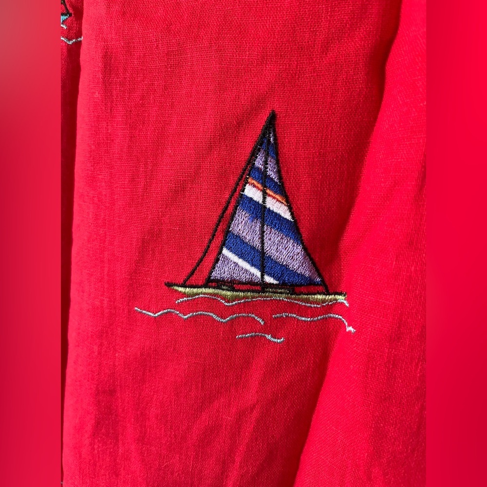 Vintage Ultra Red Sailboat Embroidered Linen Blend Sheath Dress Women’s Size 14 - Picture 10 of 14